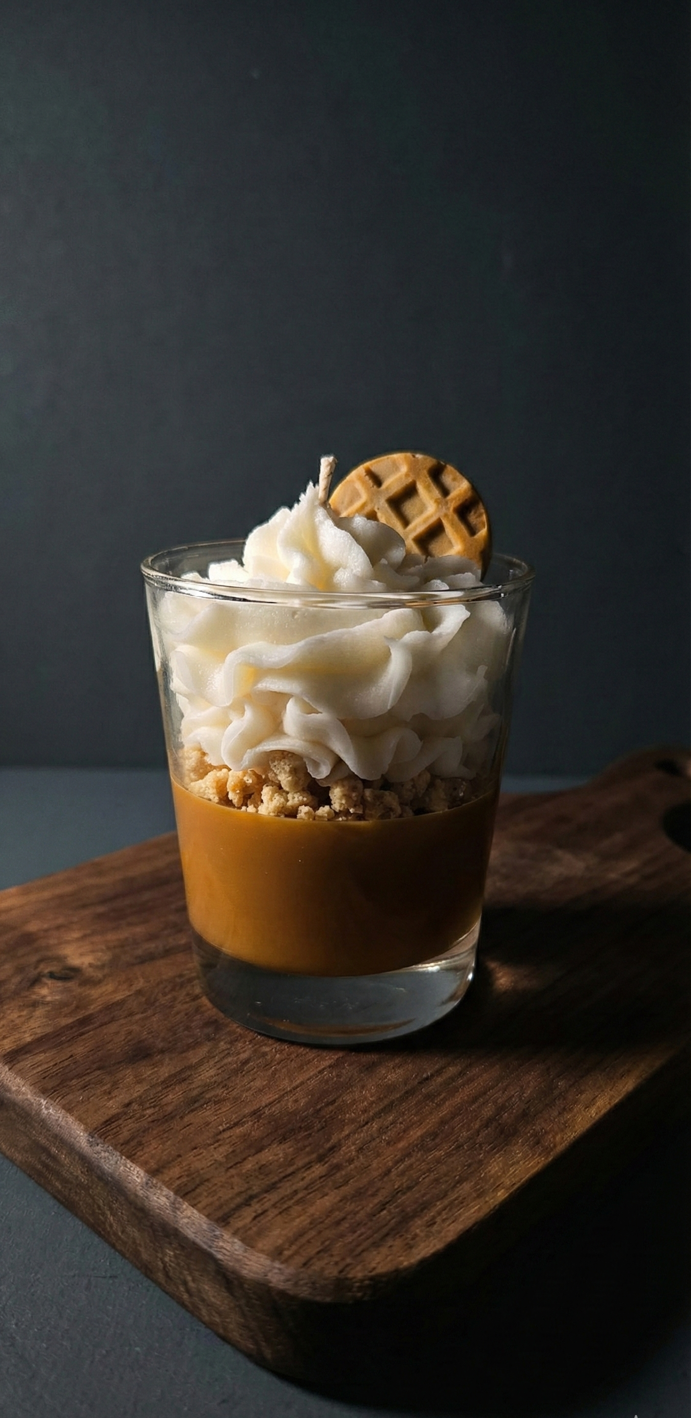 Bougie décorative élégante avec nappage caramel et cire fouettée sur planche en bois sombre, éclairage contrasté et minimaliste